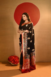 'Nandita' Black with Contrast Red On the Edge Pure Katan Silk Kadhua Meenakari Banarasi Handloom saree
